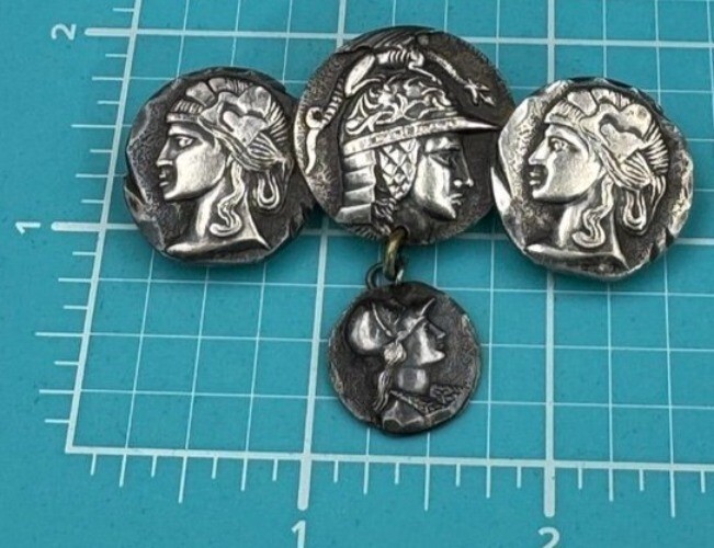 Silver Washed Etruscan St George with Dragon and Other Medallions Brooch