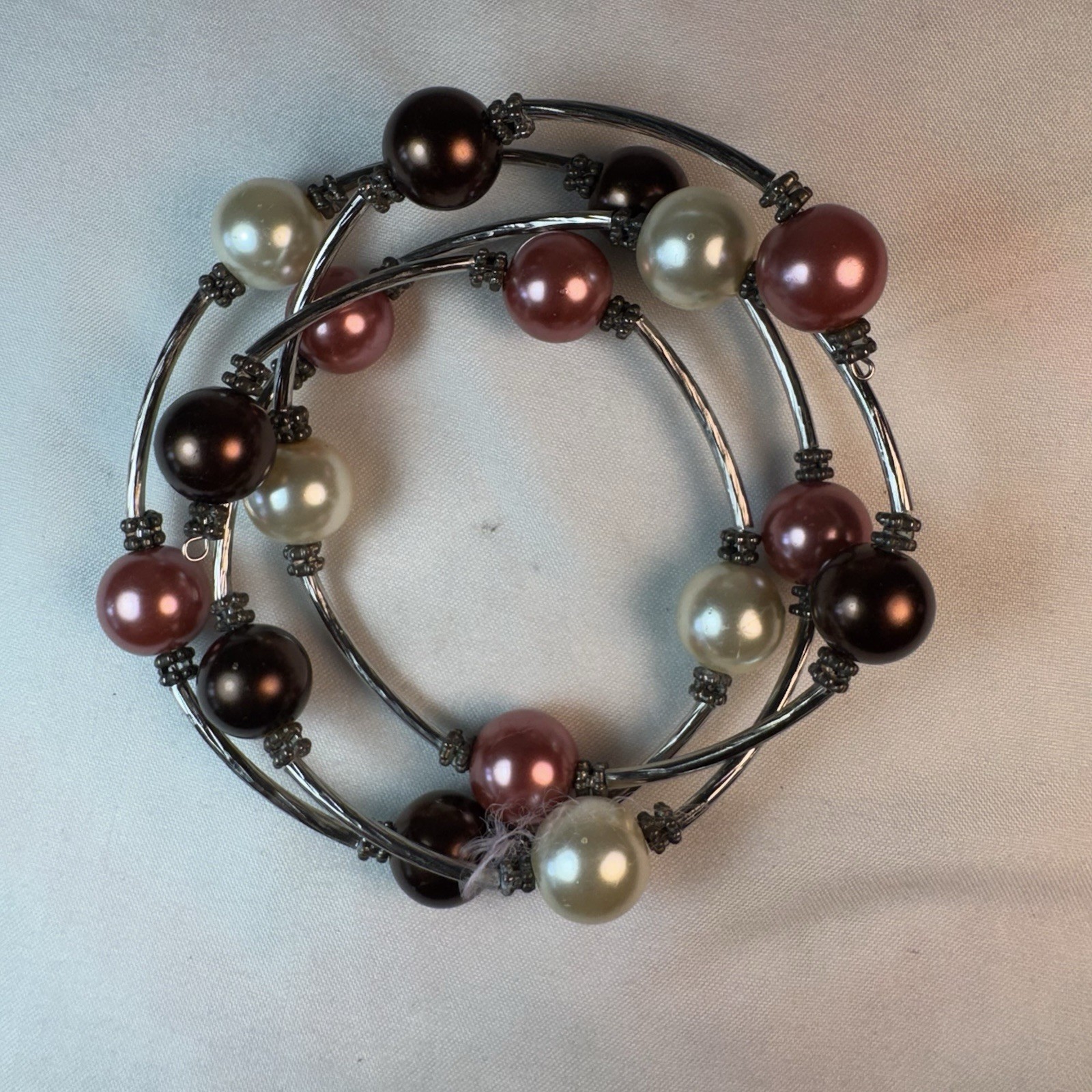 Vintage Faux Pearl Memory Wire Wrap Bracelet Multi Strand Pink Bronze Cream