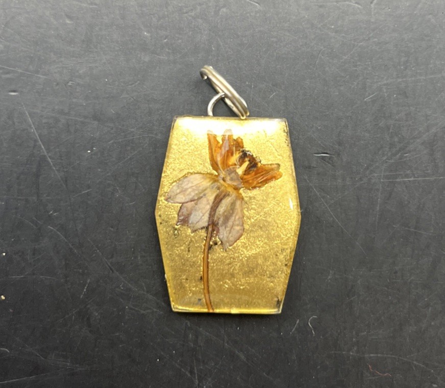 Vintage Pressed Dried Flower Pendant Necklace Gold Tone Floral Acrylic Resin