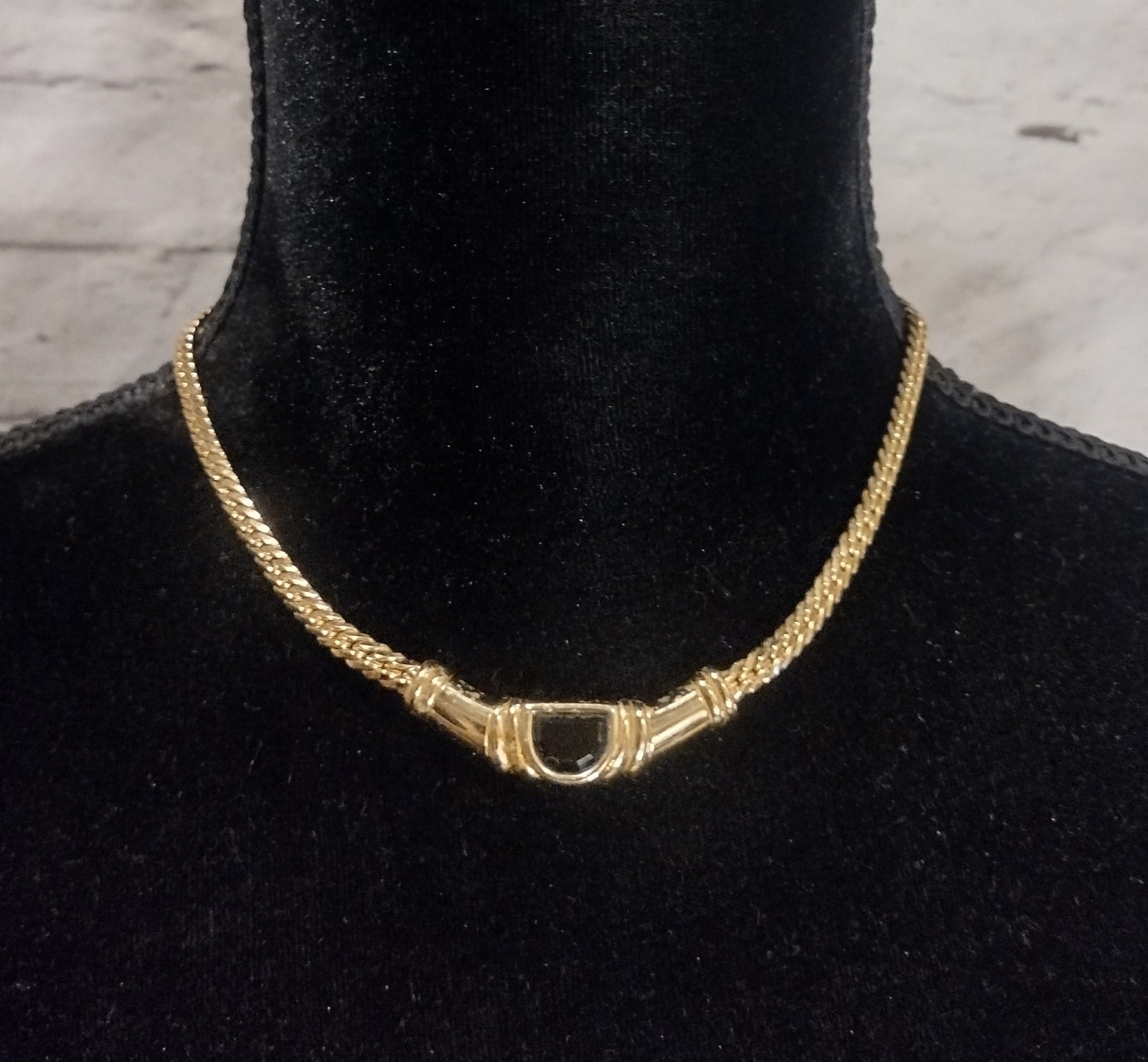 Vintage SAL Signed Gold Tone with Black Stone Necklace Swarovski 16″