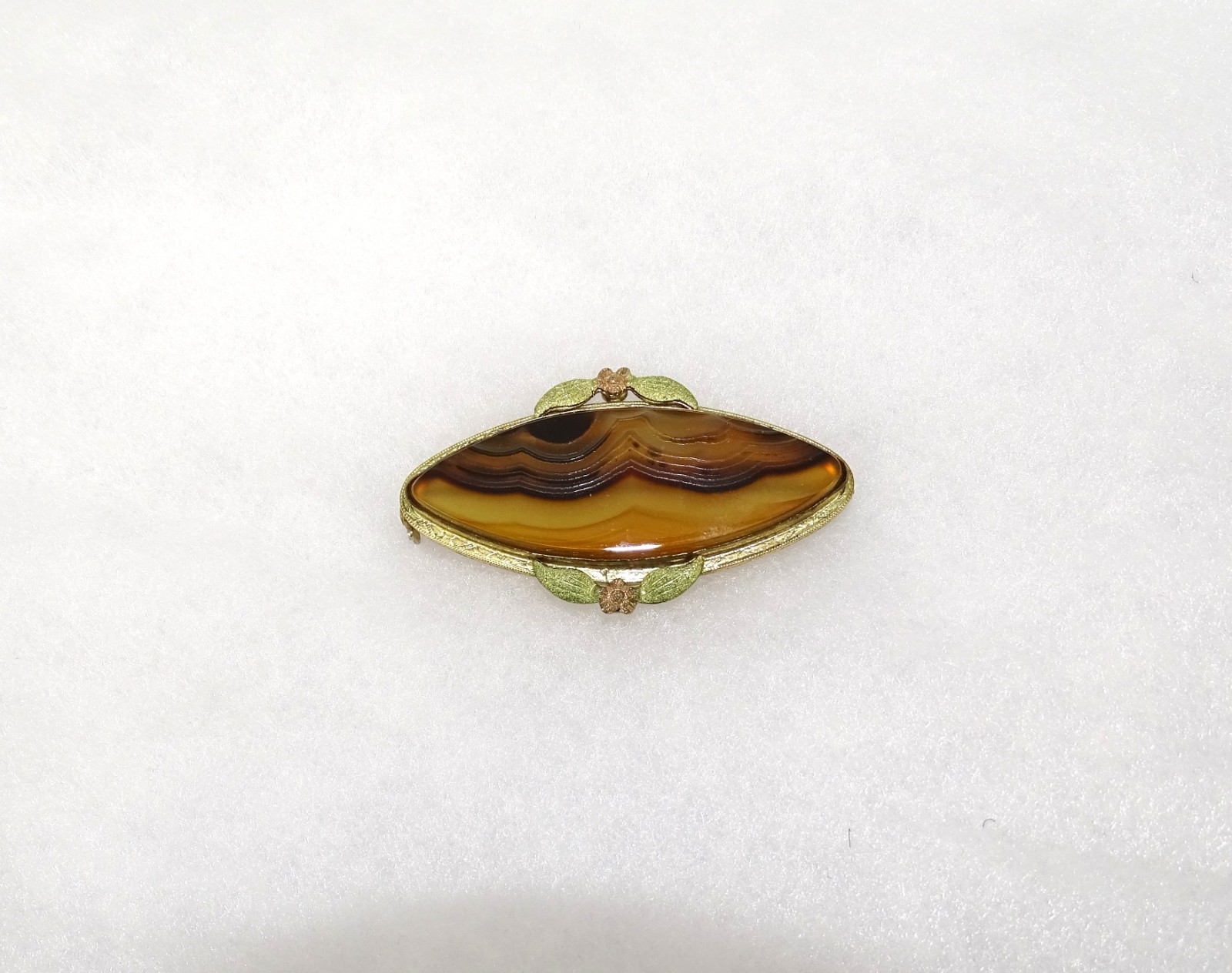 Vintage Banded Agate Brooch, Gold-tone Setting, Elongated Oval