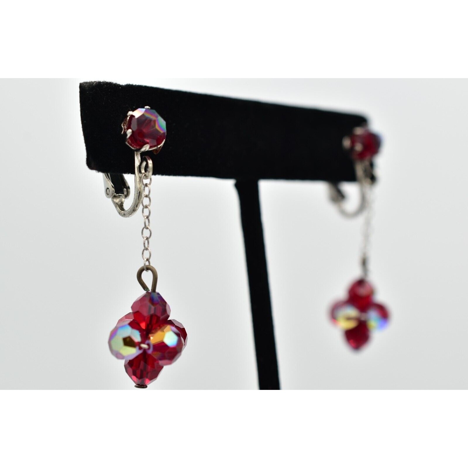 Vintage Red AB Crystal Clip On Earrings Dangle Drop Aurora Borealis 1950s A24