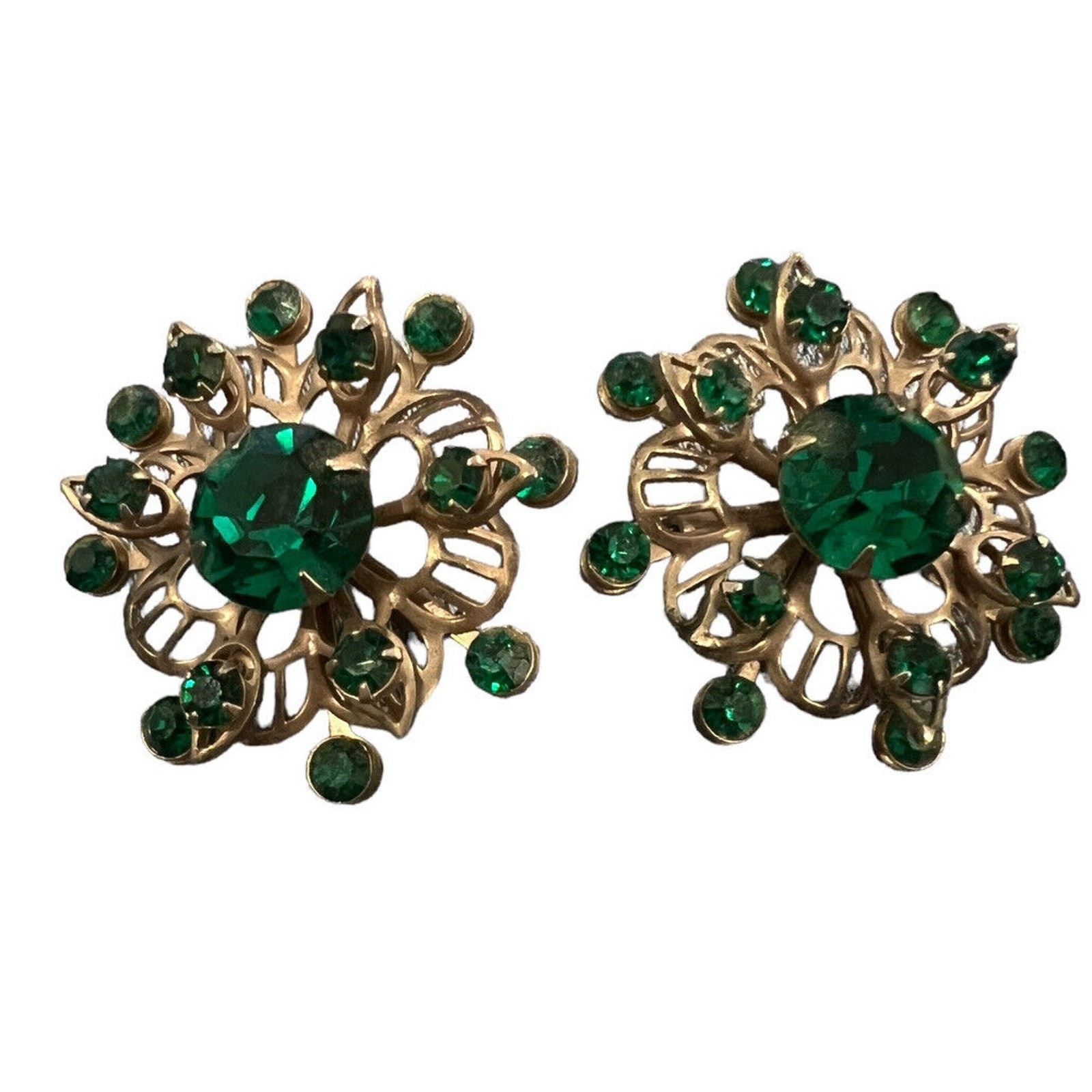 Rhinestone Faux Emerald Ruby Flower Gold Tone BROOCH Pin Vtg Jewelry Set Of 2