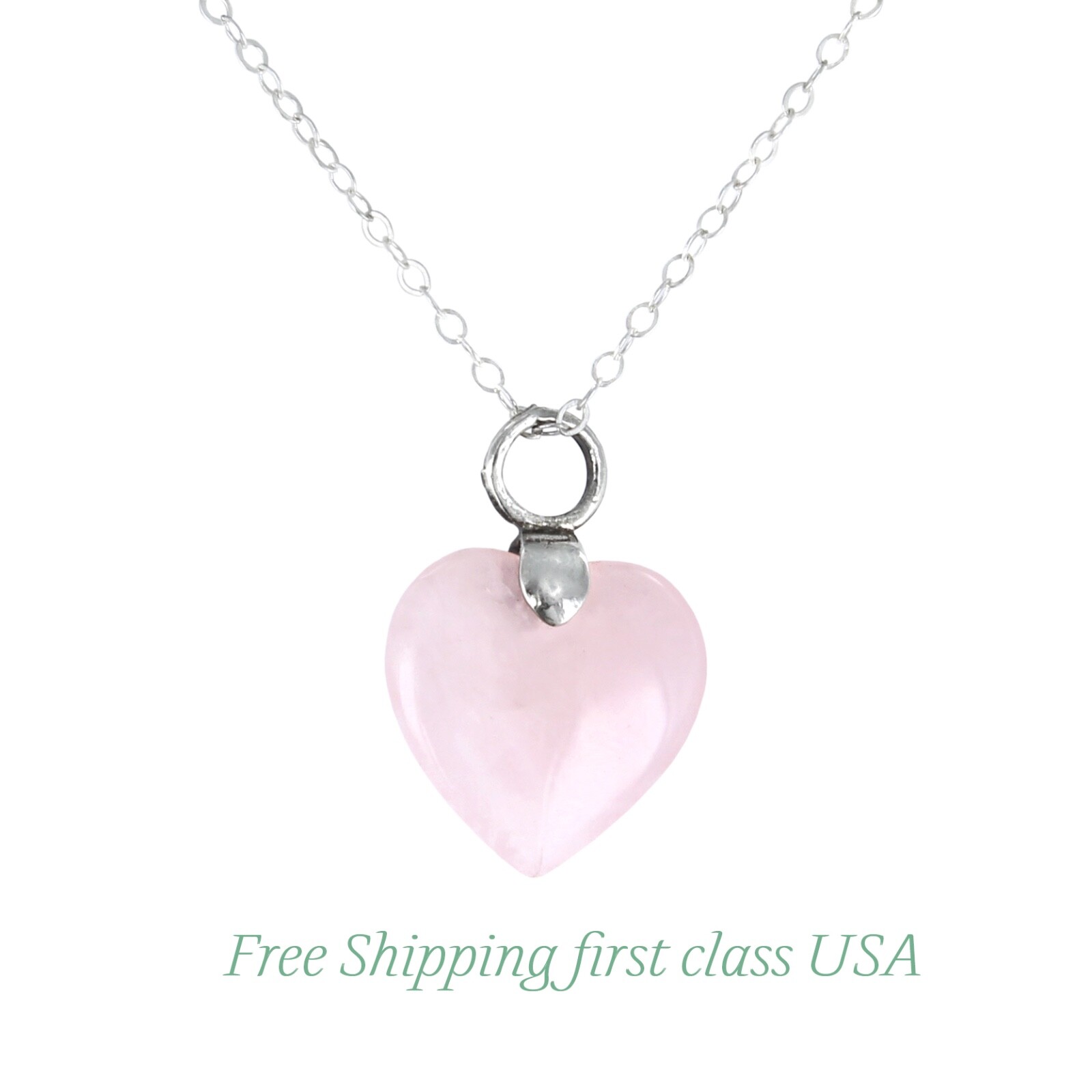 Natural Rose Quartz Heart Shaped Pendant Charm Sterling Silver Chain Necklace