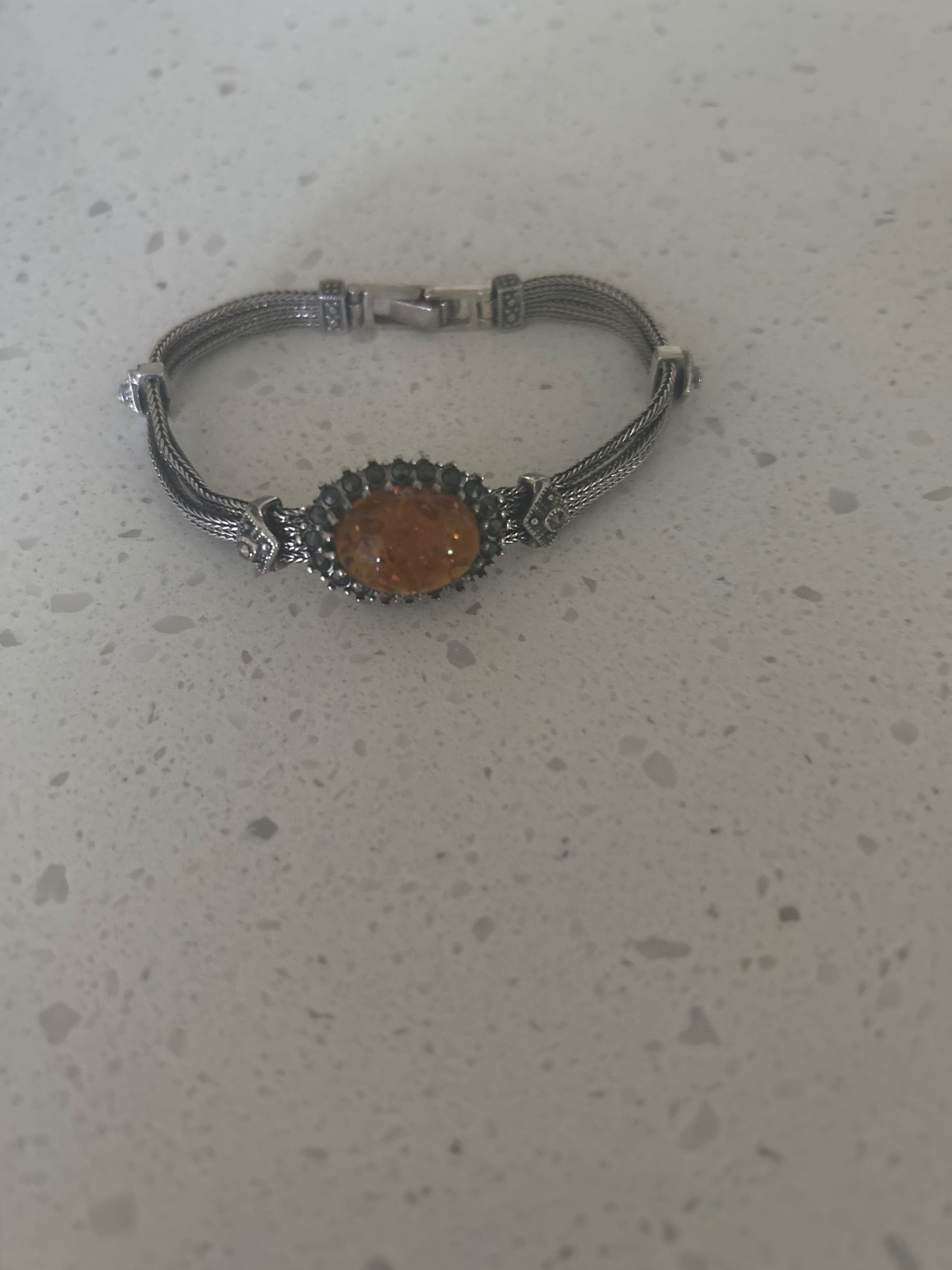 Vintage Sterling Silver 925 Baltic/Amber Marcasite Multi Strand Bracelet