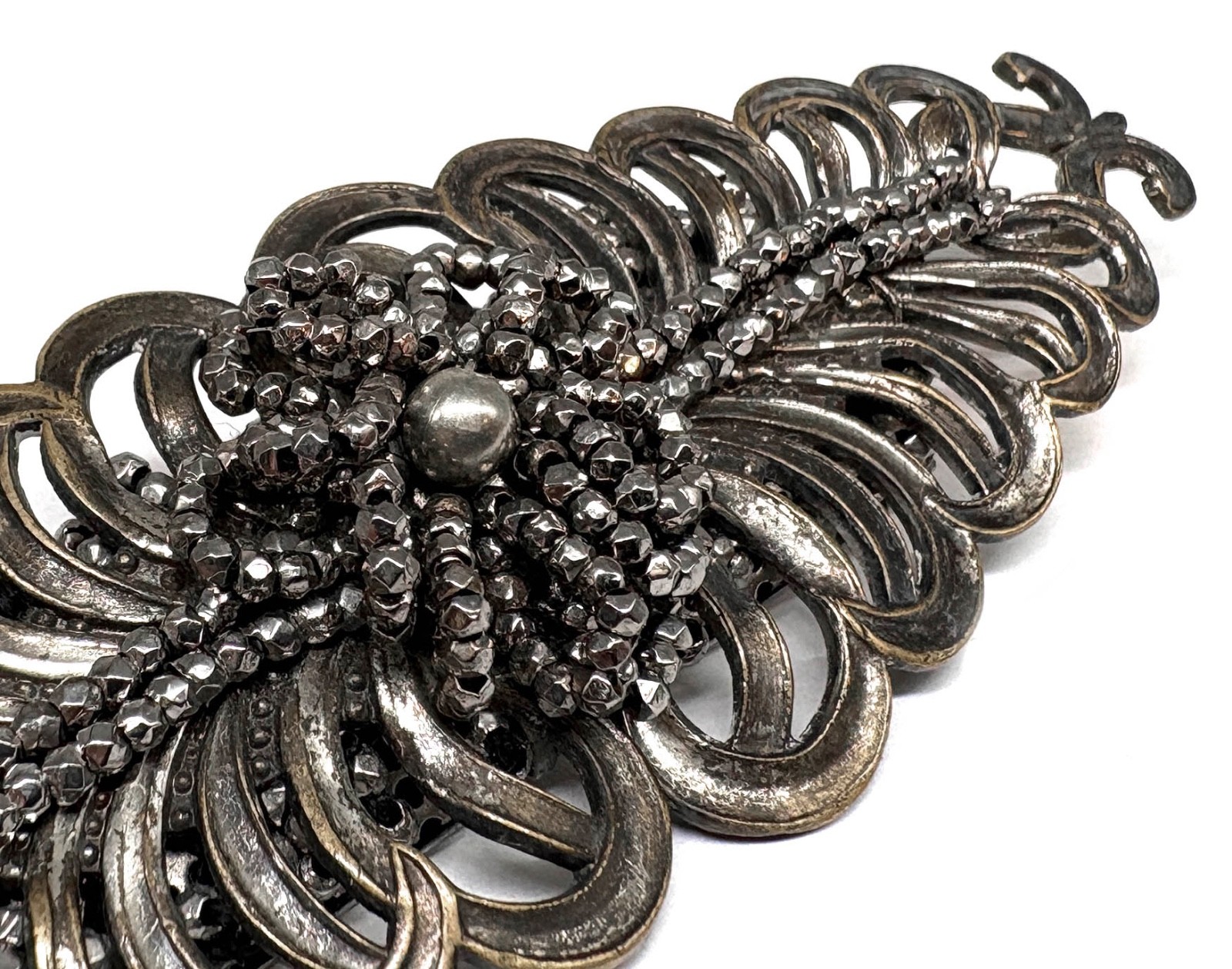 Unusual BIG Antique FRENCH? CUT STEEL & SILVER TONE FERN Brooch 1920s 1930s