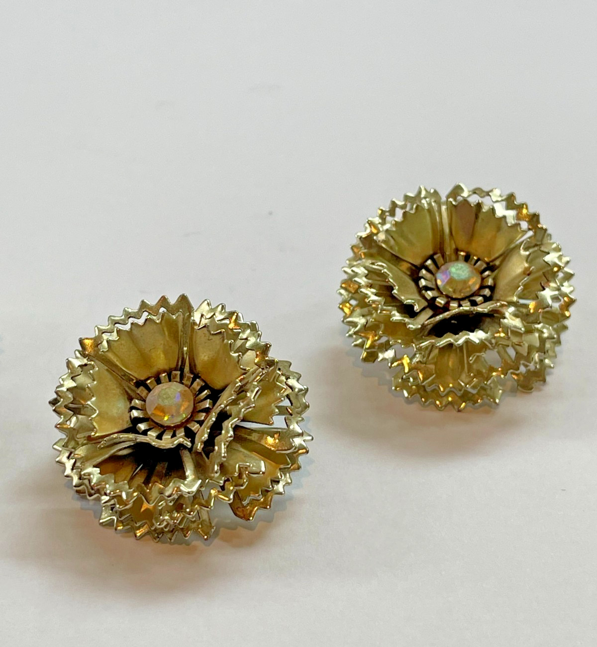 Vintage Gold Flower Brooch & Clip Earring Set | AB Rhinestone | 1950s