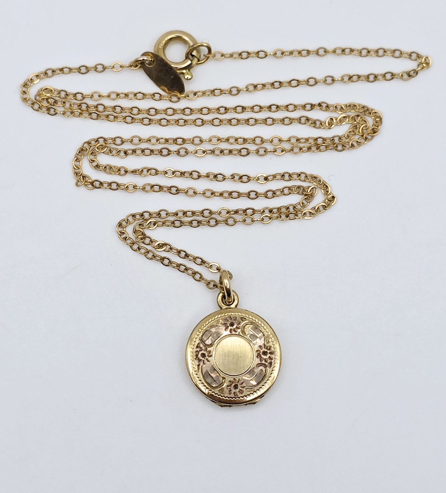 Vintage WRE WE Richards 14K Gold Filled Tiny Locket Necklace Engraved Pendant