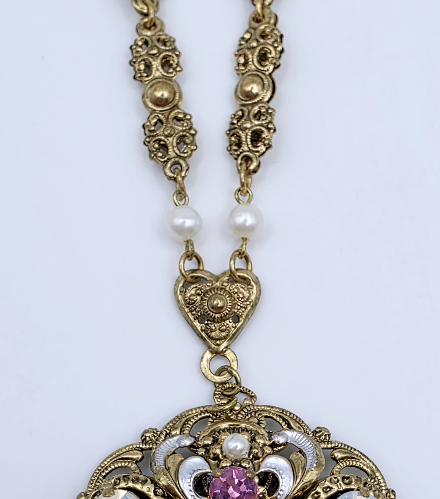 Vtg West Germany Filigree Pendant Necklace Pink Faux Opal Rhinestone Pearl