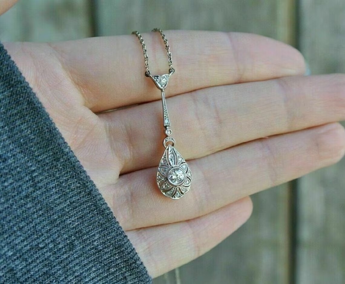 Art Deco Round Lab Created Diamond Vintage Charm Wedding 925 Silver Gift Pendant