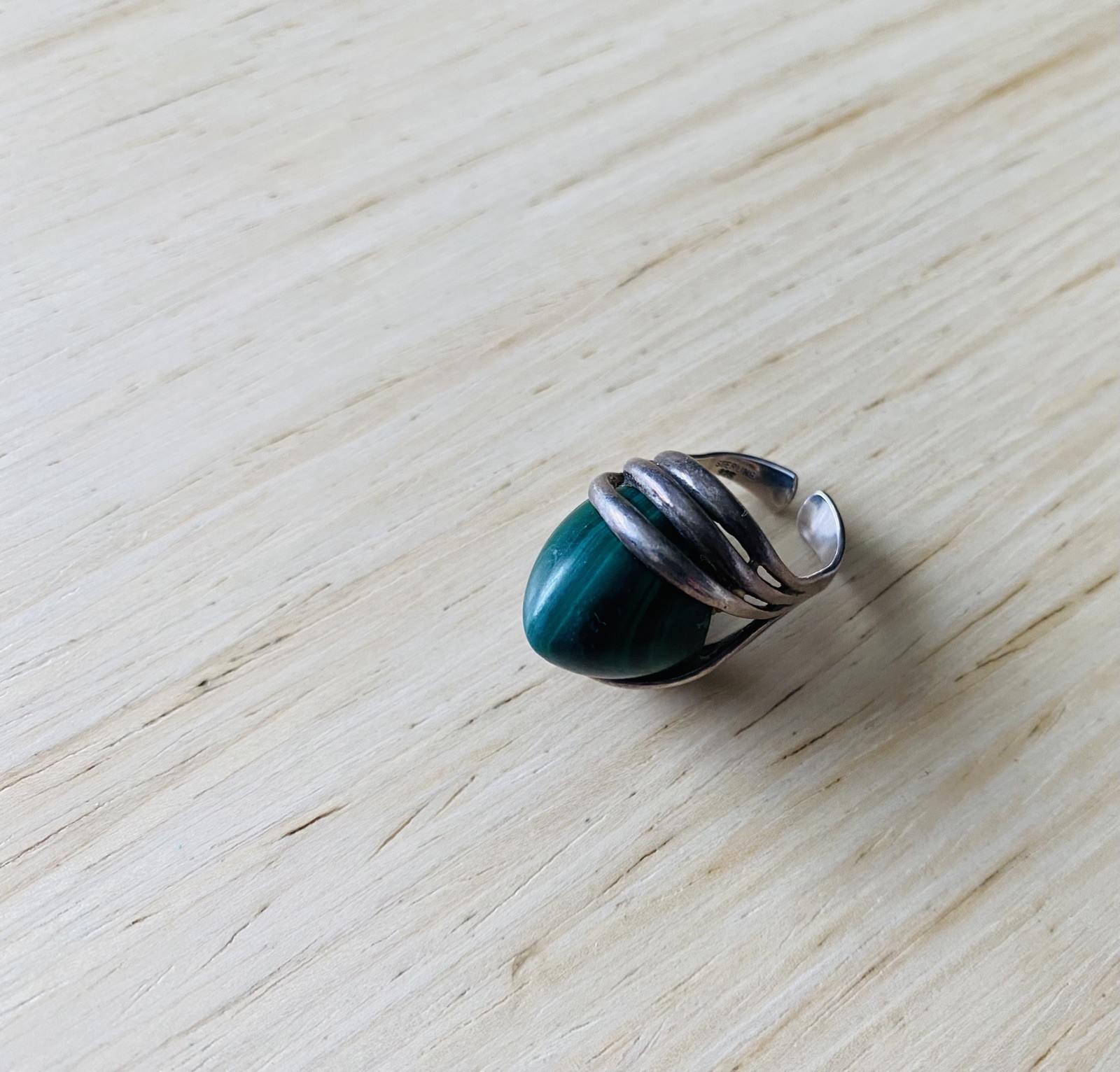 Malachite Sterling Silver MCM Scandinavian Denmark Norway Vintage Adjustable