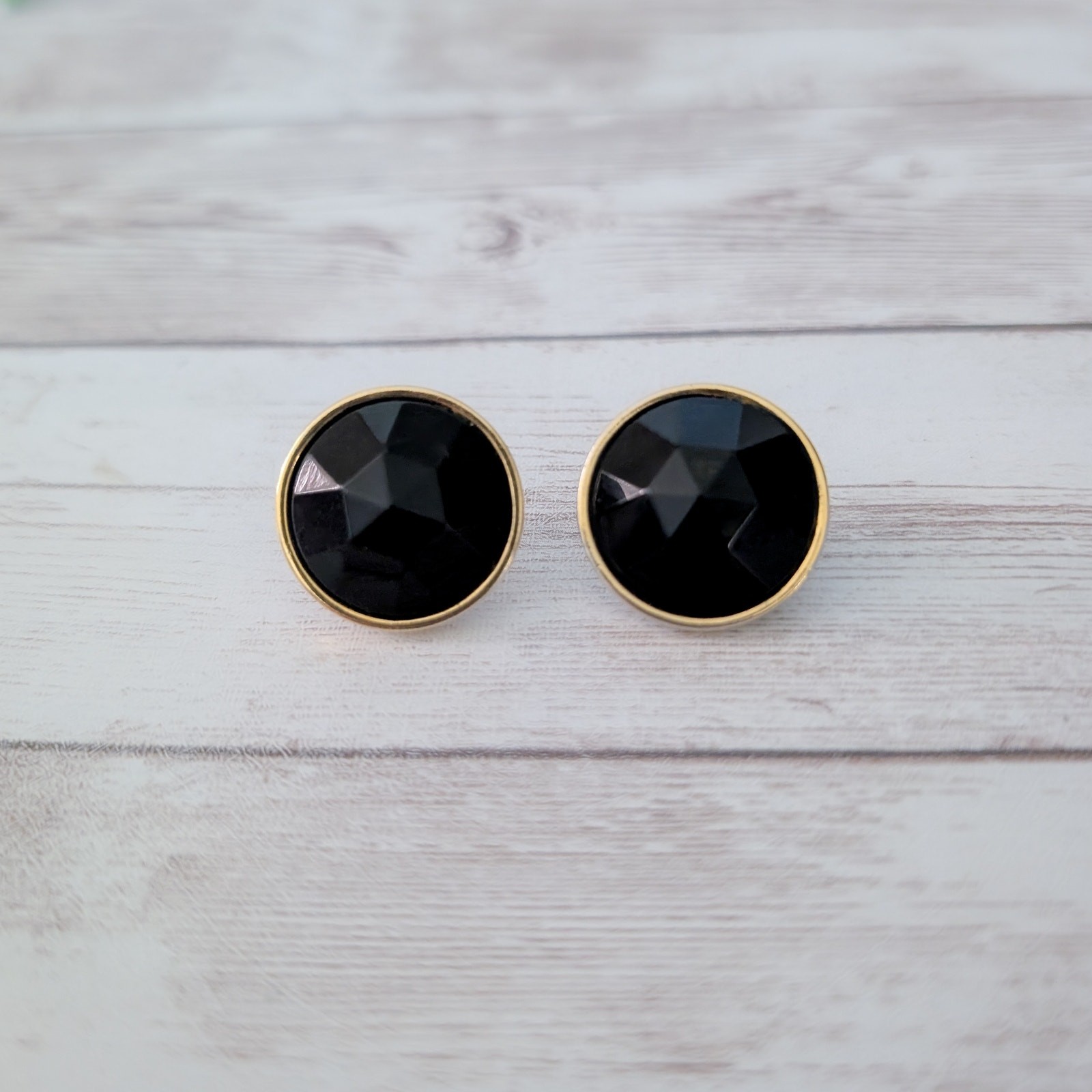 Vintage Clip On Earrings Faceted Black Gem with Gold Tone Halo Just Under 1″