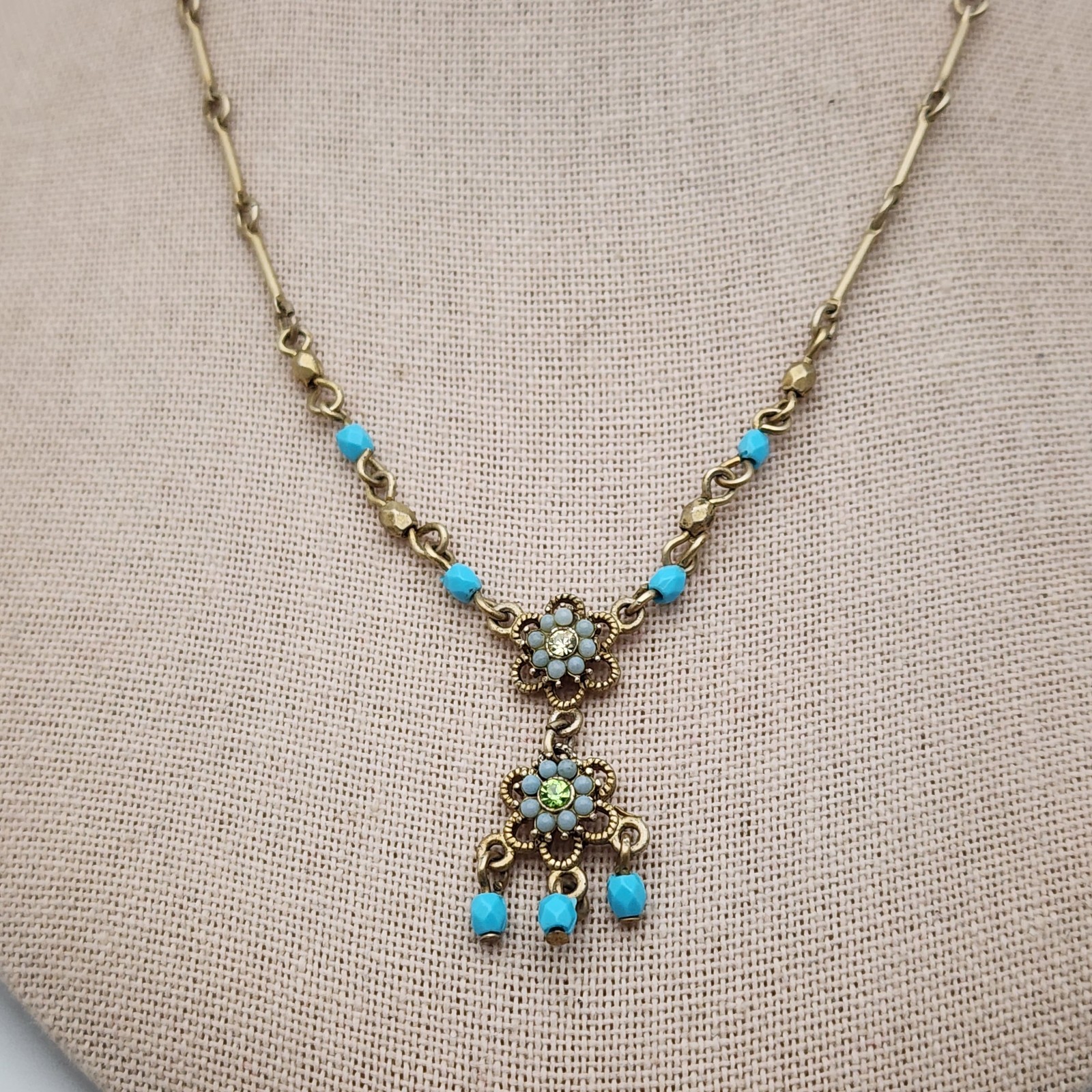 Vtg Avon Bar Link Y Drop Turquoise Beaded Choker Antiqued Gold Necklace