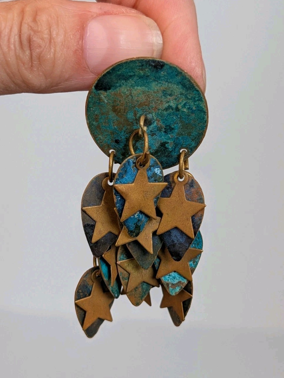 Large Vintage Artisan Verdigris Boho Brass Celestial Stars Dangle Earrings India