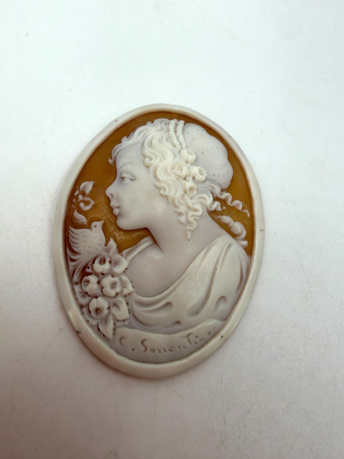 Vintage Cameo Unmounted Shell Girl in Profile Curls Bird Signed
