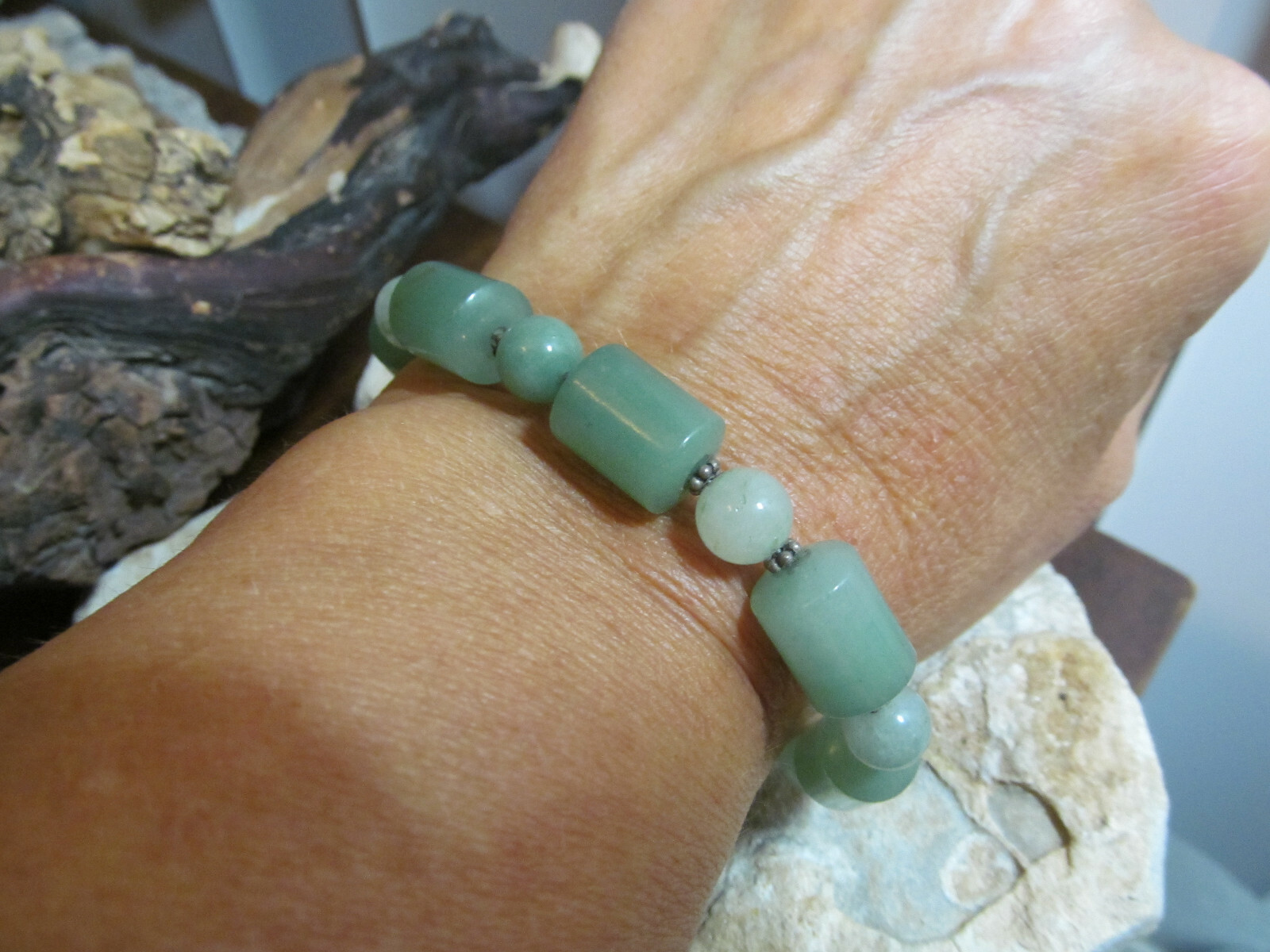 Vintage 925 Sterling Silver Green Stone Beaded Toggle Clasp Bracelet 30g