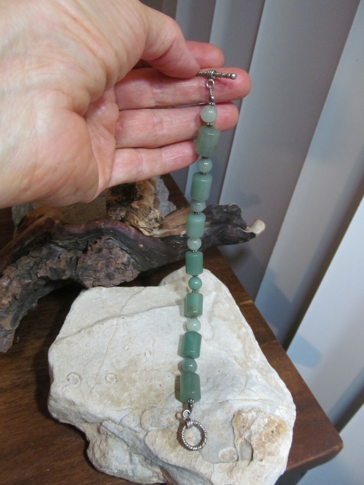 Vintage 925 Sterling Silver Green Stone Beaded Toggle Clasp Bracelet 30g