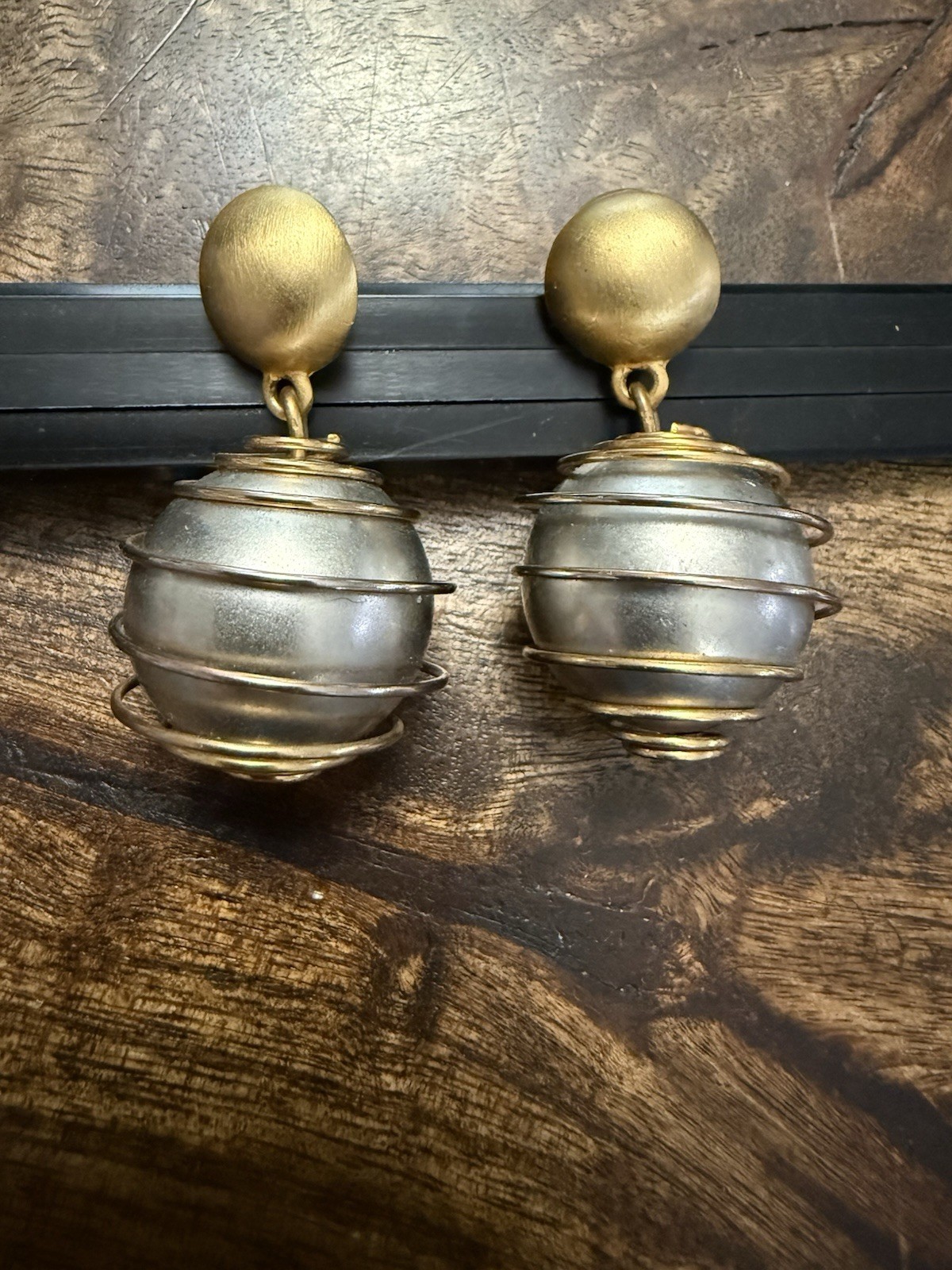 Givenchy Paris New York Brushed Gold and Silver Caged Ball Pierced Earrings