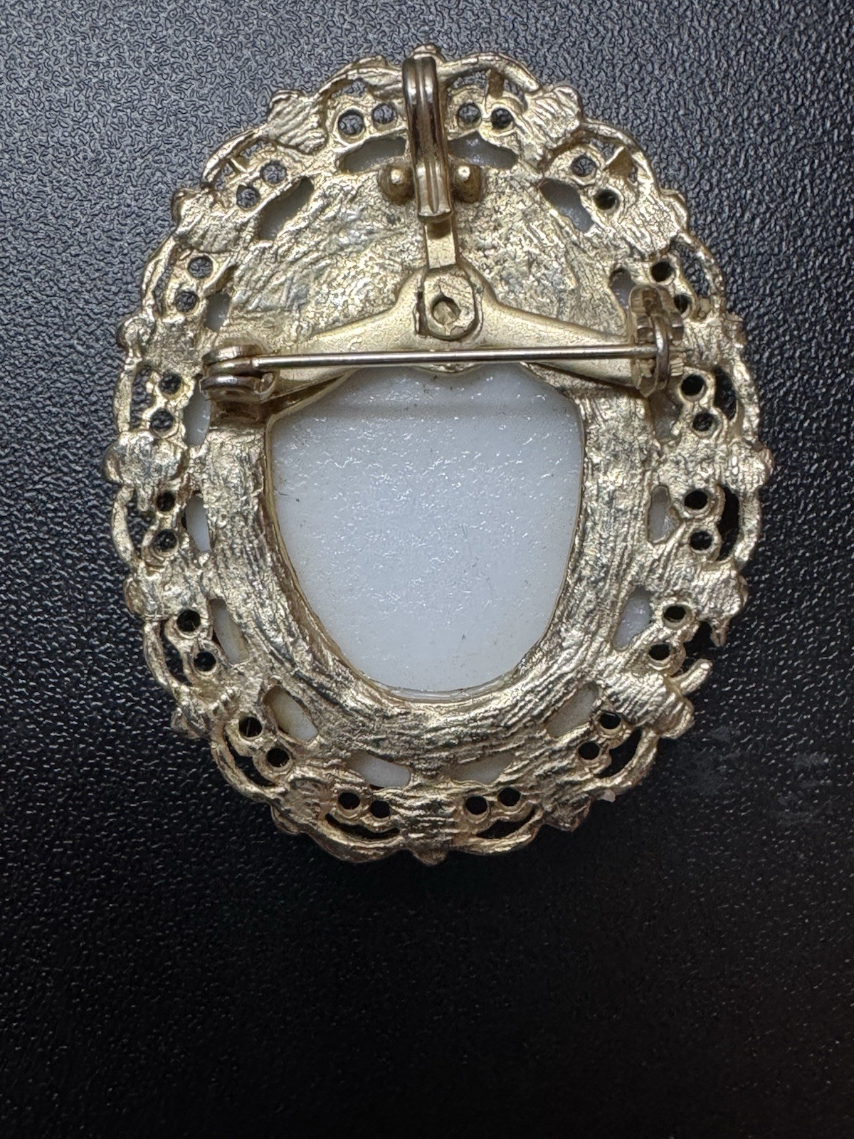Vintage Painted Porcelain Schnauzer Dog Cameo Brooch W/ Gold Brass Ornate Frame