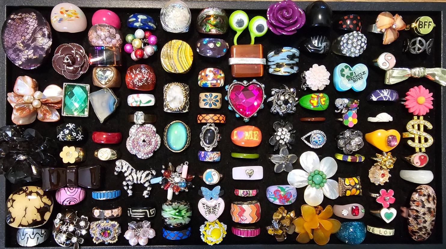 Lot of 100 Rings Retro Glass Rhinestone 1960s 1970s Vintage Groovy Boho Fun