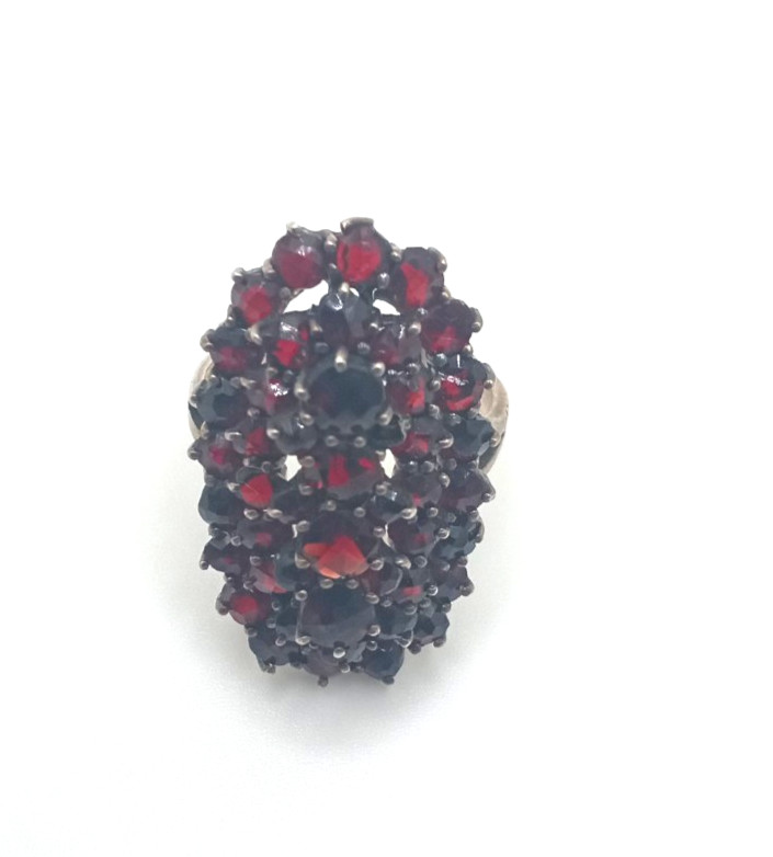 Antique Silver Bohemian Czech Garnet 3 Row Cluster Cocktail Ring Size 5