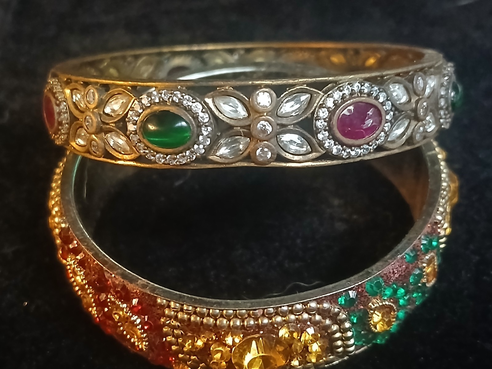 Two Vintage Multi-Color Rhinestone Indian Style Bangle Bracelet 2.5″ Diameter