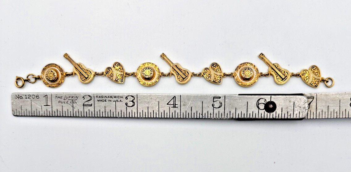 Vtg 1960s Mexican Mariachi Charm Bracelet – Faux Damascene Guitar Sombrero