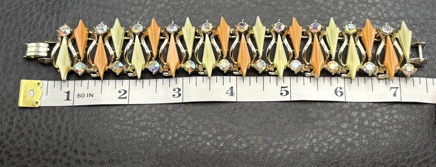 VTG Thermoset Green Orange Leaf Mod Bracelet Aurora Borealis AB Rhinestone