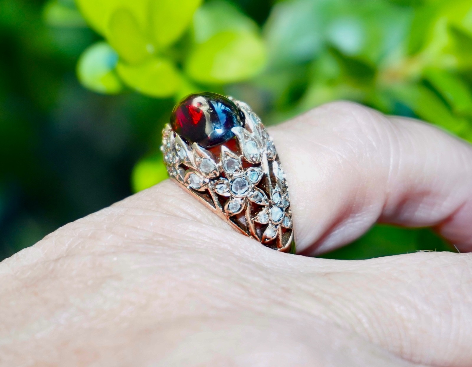 Art Nouveau Antique 14K Rose Cut Diamond and Garnet Ring