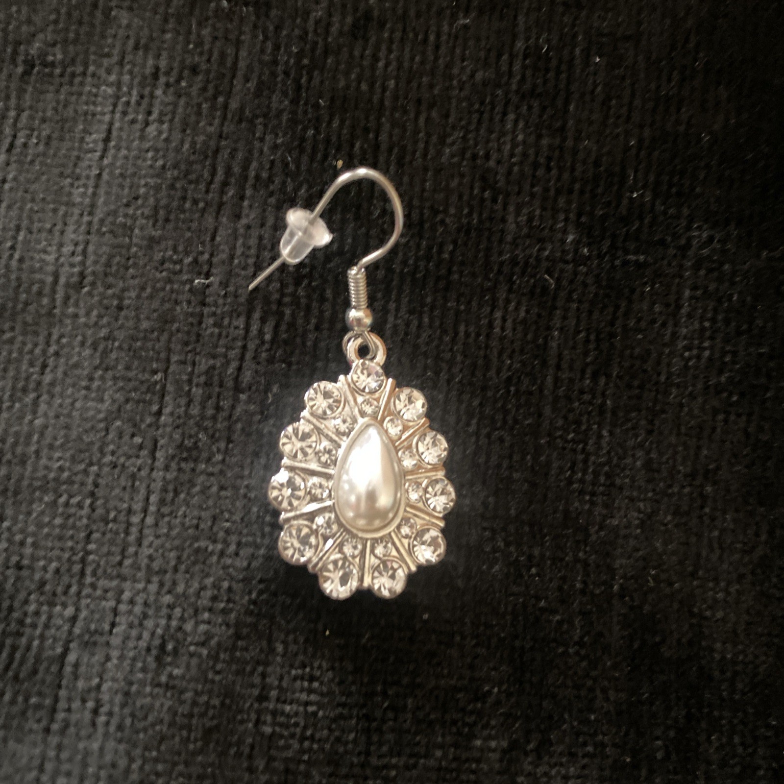 Vintage Earrings Faux Pearl & Rhinestone Teardrop Dangle Silver Tone Statement
