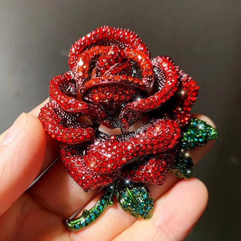 Large Vintage Rose Brooch Red and Blue Dual-color Rhinestone Pin for Women
