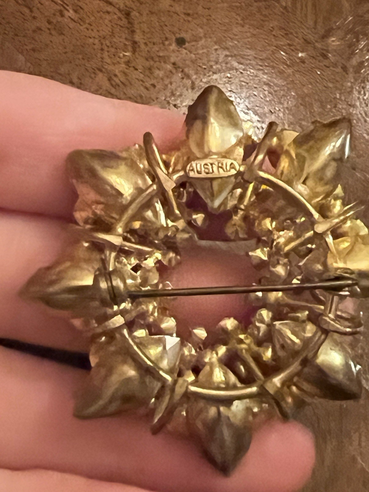 Vintage Austrian Red & Clear AB Rhinestone Floral Wreath Brooch Gold Tone Nice!