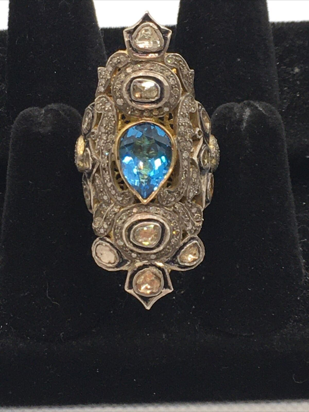 Vintage 14K Two Tone Gold 2.75TCW Diamonds & 3.40CTW Blue Topaz Ring 19.3gr.