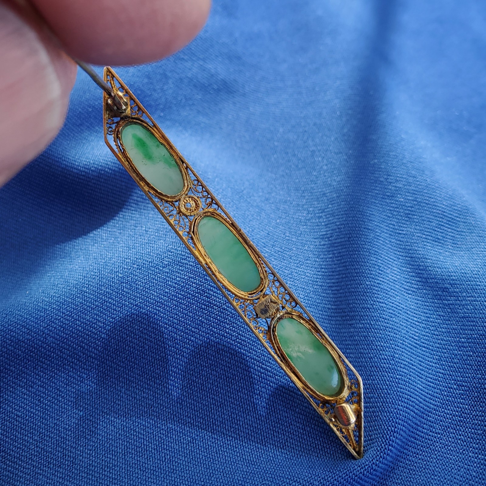 Original EARTH MINED JADE Antique Art Deco Brooch Vintage SOLID 14K GOLD Bar Pin