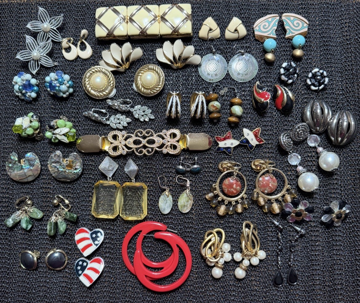Lot of Vintage Earrings Bracelet & Sweater Clip On Pierced Some Signed 31 Pieces