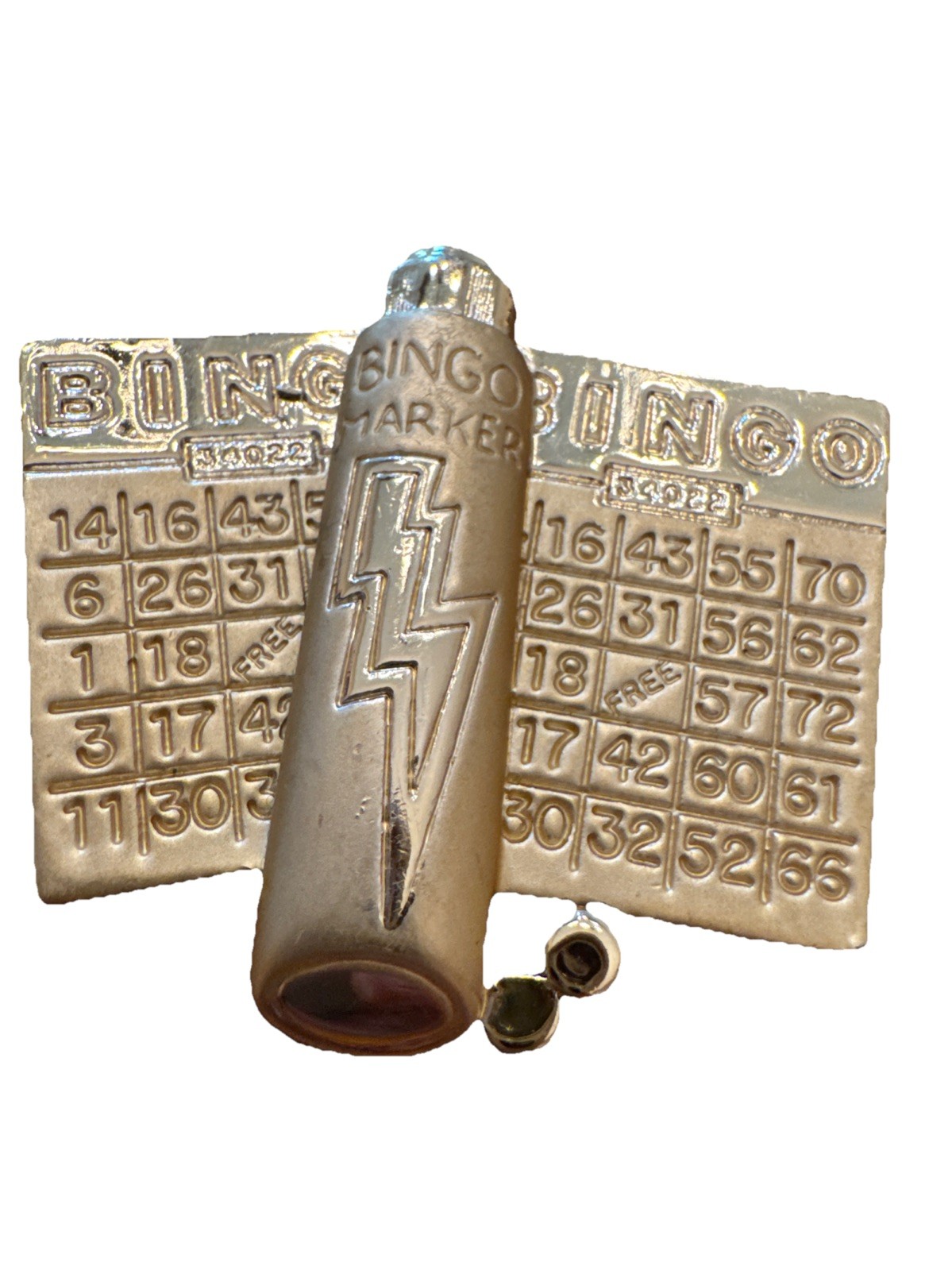 Vintage Bingo Cards Marker Gold Tone Brooch Pin 1.75” AJC Lucky Charm EUC