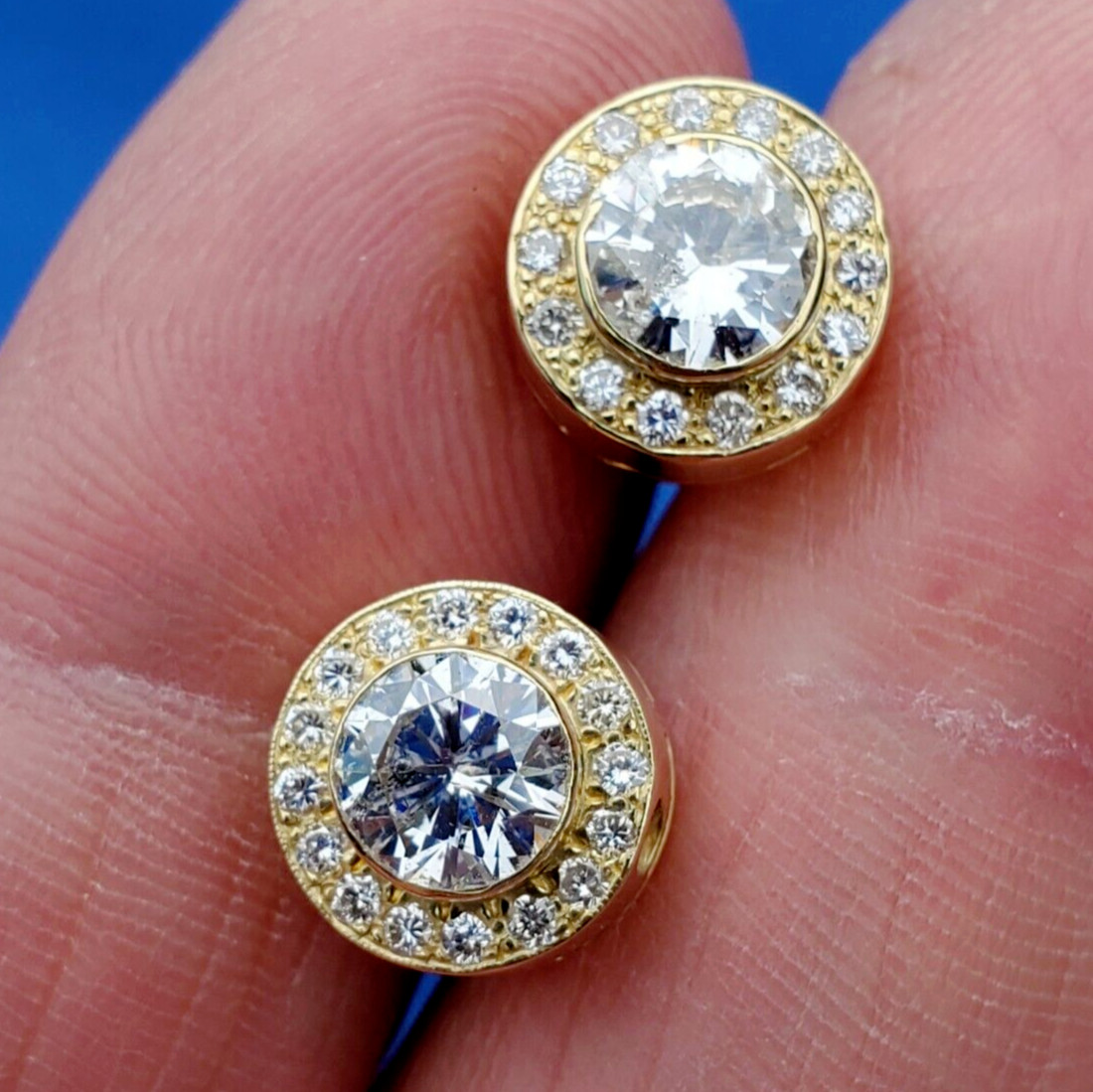 Original EARTH MINED DIAMOND Deco Bezel set Halo Studs Earrings SOLID 18K GOLD