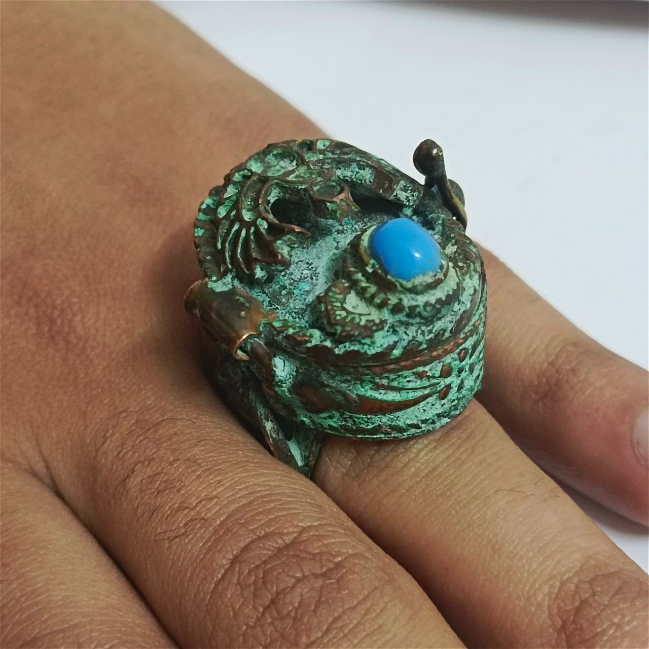 Rare Handmade Egyptian Falcon Copper Ring Turquoise Stone Antique Style Jewelry