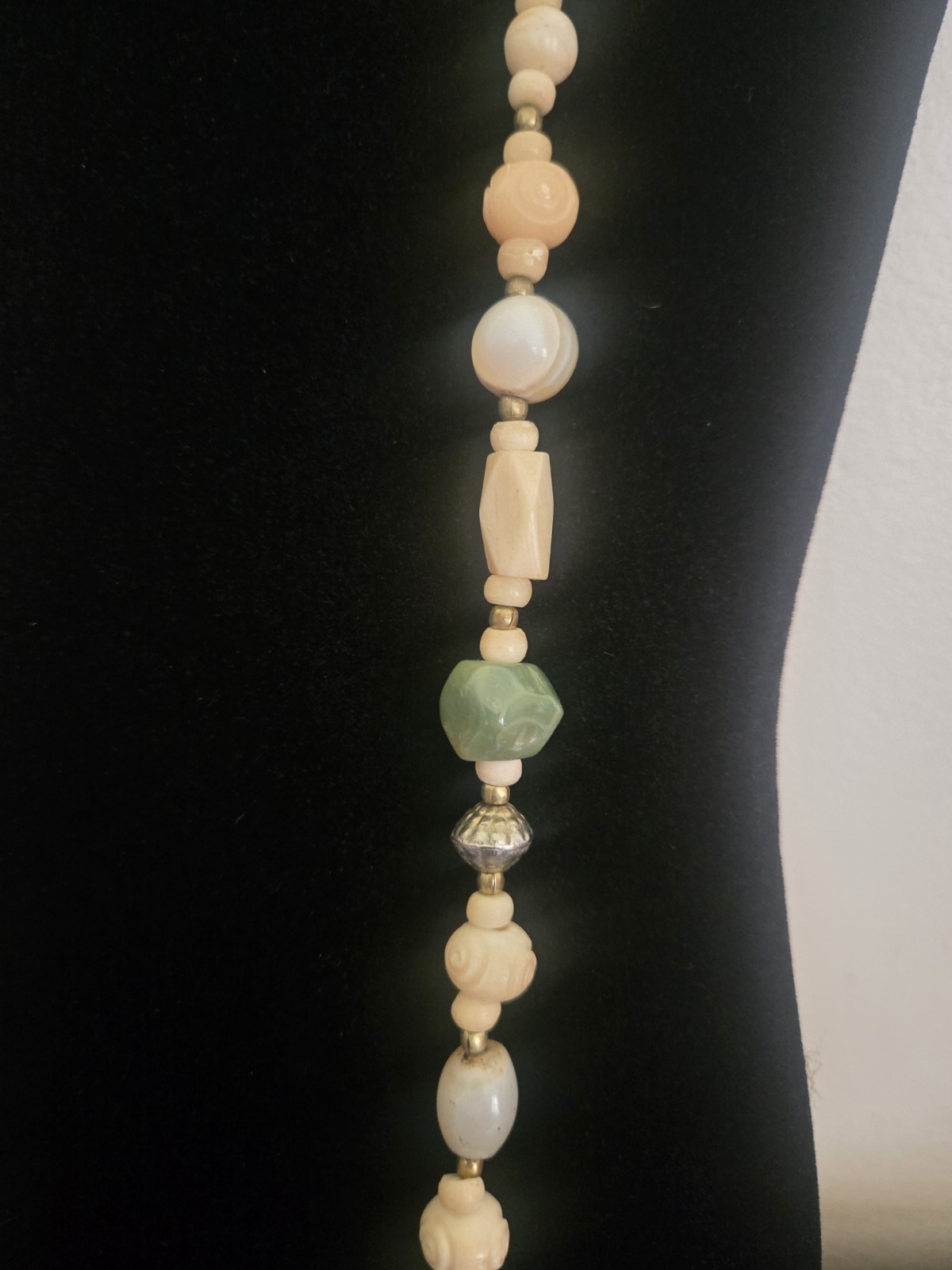 Vintage Stone And Carved Bovine Bone Beaded Necklace 32″