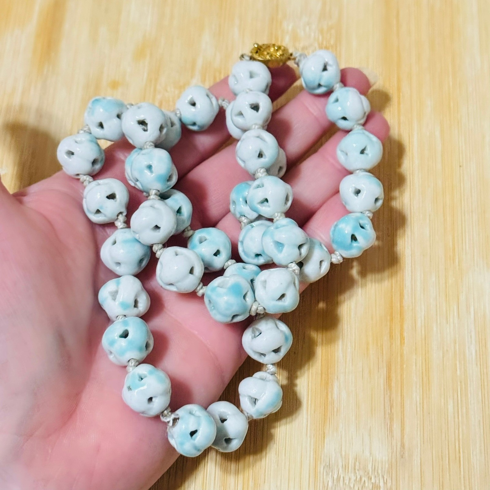 VTG Chinese Export Cage beads necklace Beaded strand green ceramic China 24″