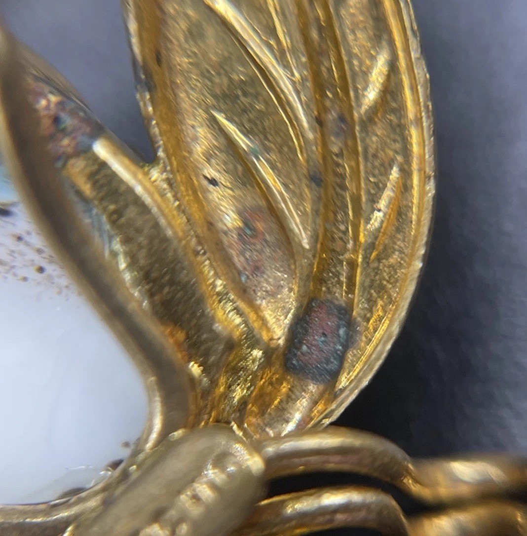 VTG Czech Insect Bee Fly Brooch Brass W Glass Belly. Signed Czecho. As Is.