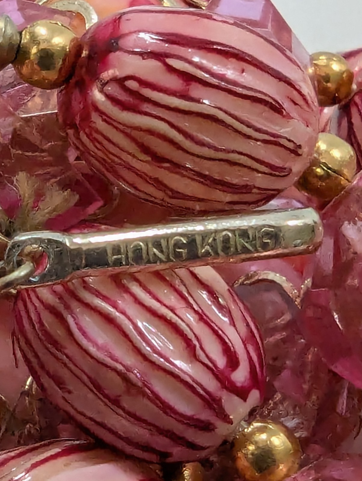 1960’s Hong Kong Double Strand Choker Bib Pink Orange Cap Bead Necklace 17-19″