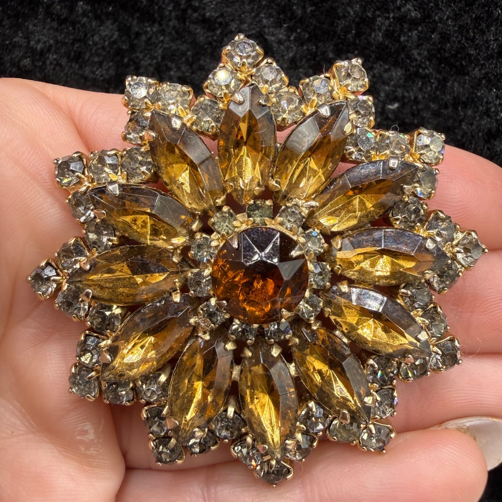 Vintage Rhinestone Brooch Orange Gold Tone Browns Lots of Sparkle