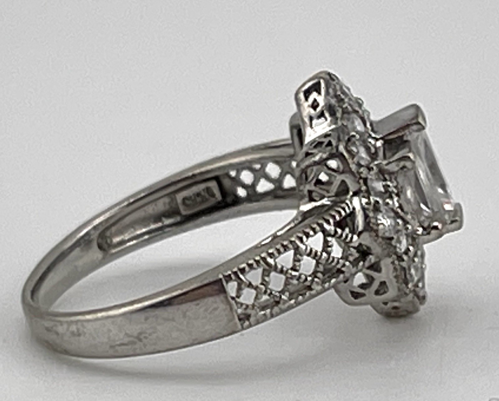 MEDA Sterling COCKTAIL RING w/Baguette & Other CZ In Filigree Setting Size 7.5