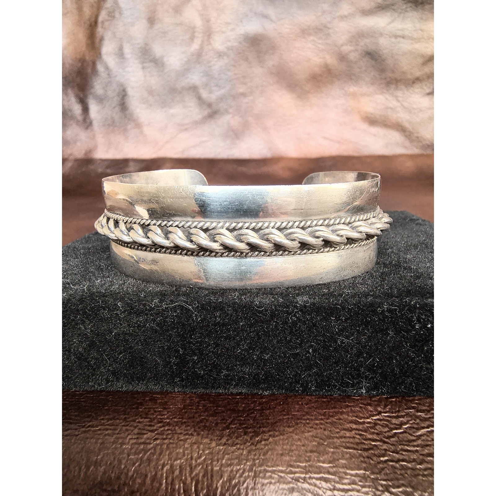 Vintage Southwest Sterling Silver Cuff Bracelet, Signed AW, Braided Rope, 7.25″