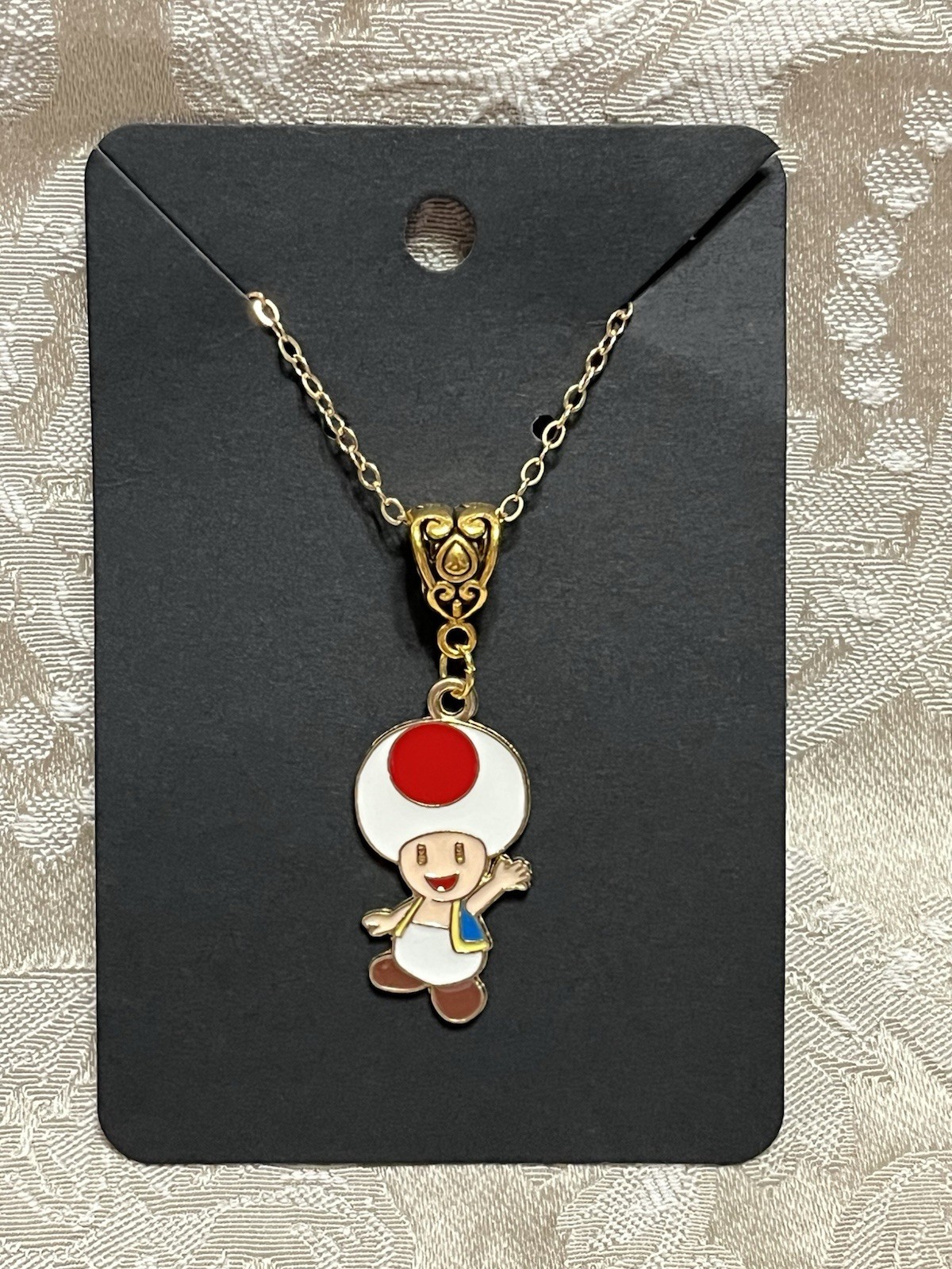 Cartoon Mario Toad Video Game Gold Enamel Bohemian Trendy Necklace 18”