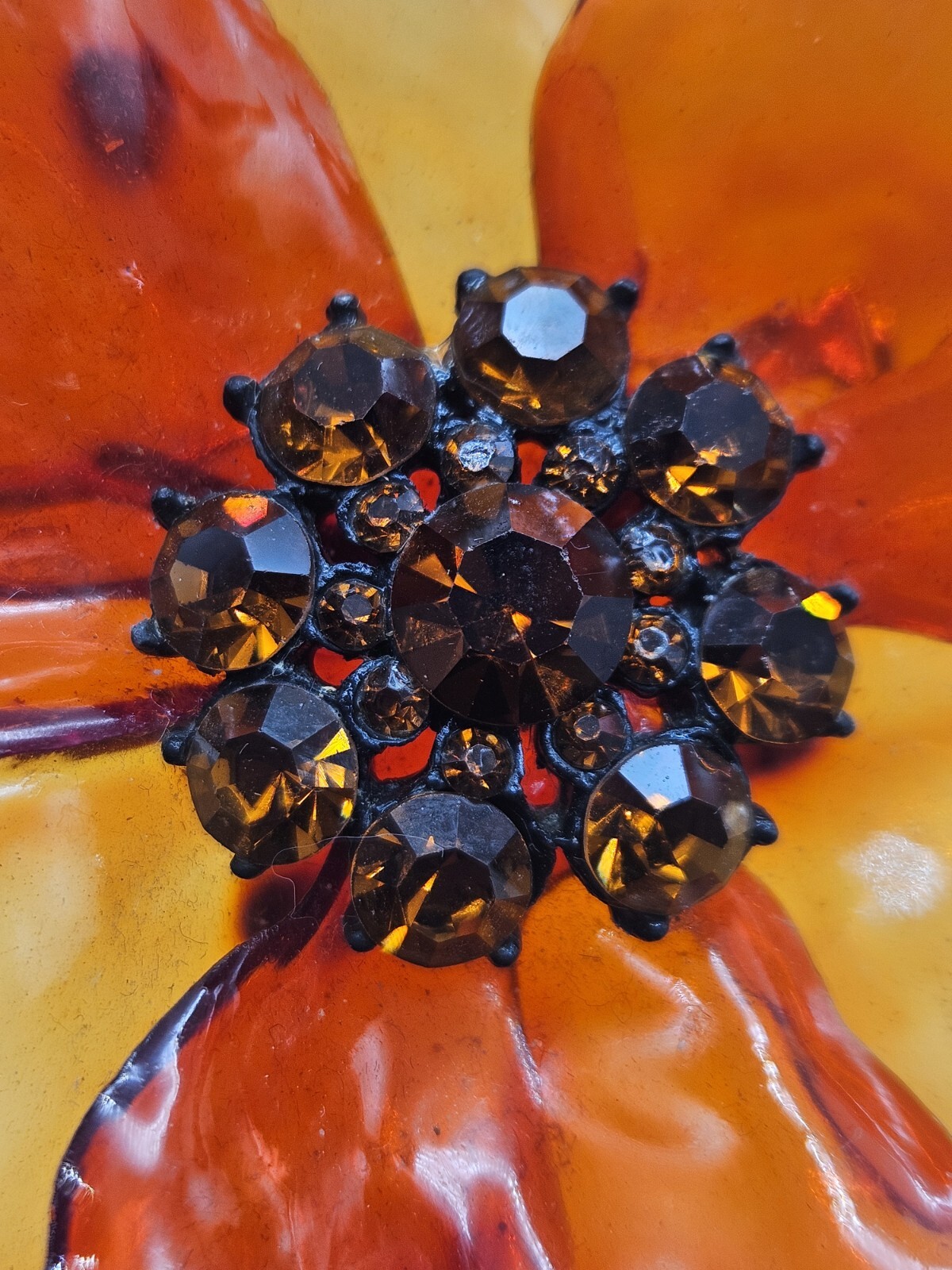 Vintage Orange Lucite Acetate Acrylic Topaz Rhinestone Flower Brooch Pin