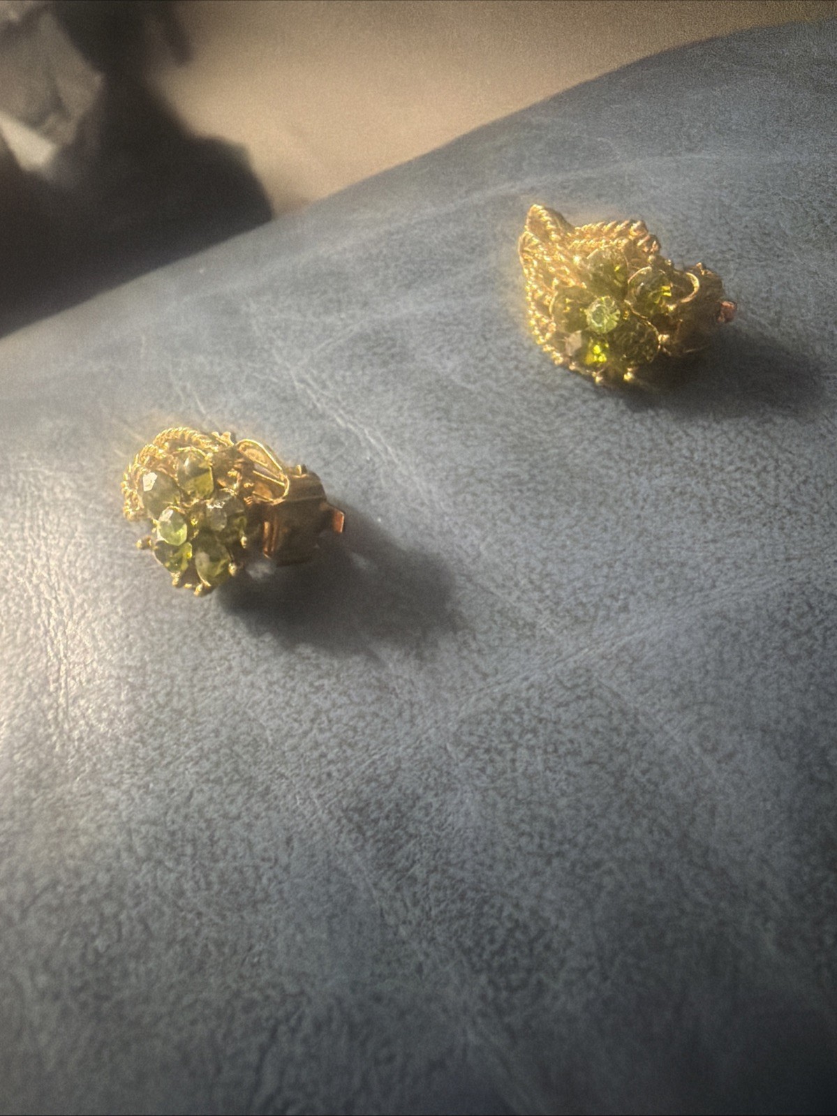Green Rhinestone flower Cluster Clip On Gold Tone Earrings
