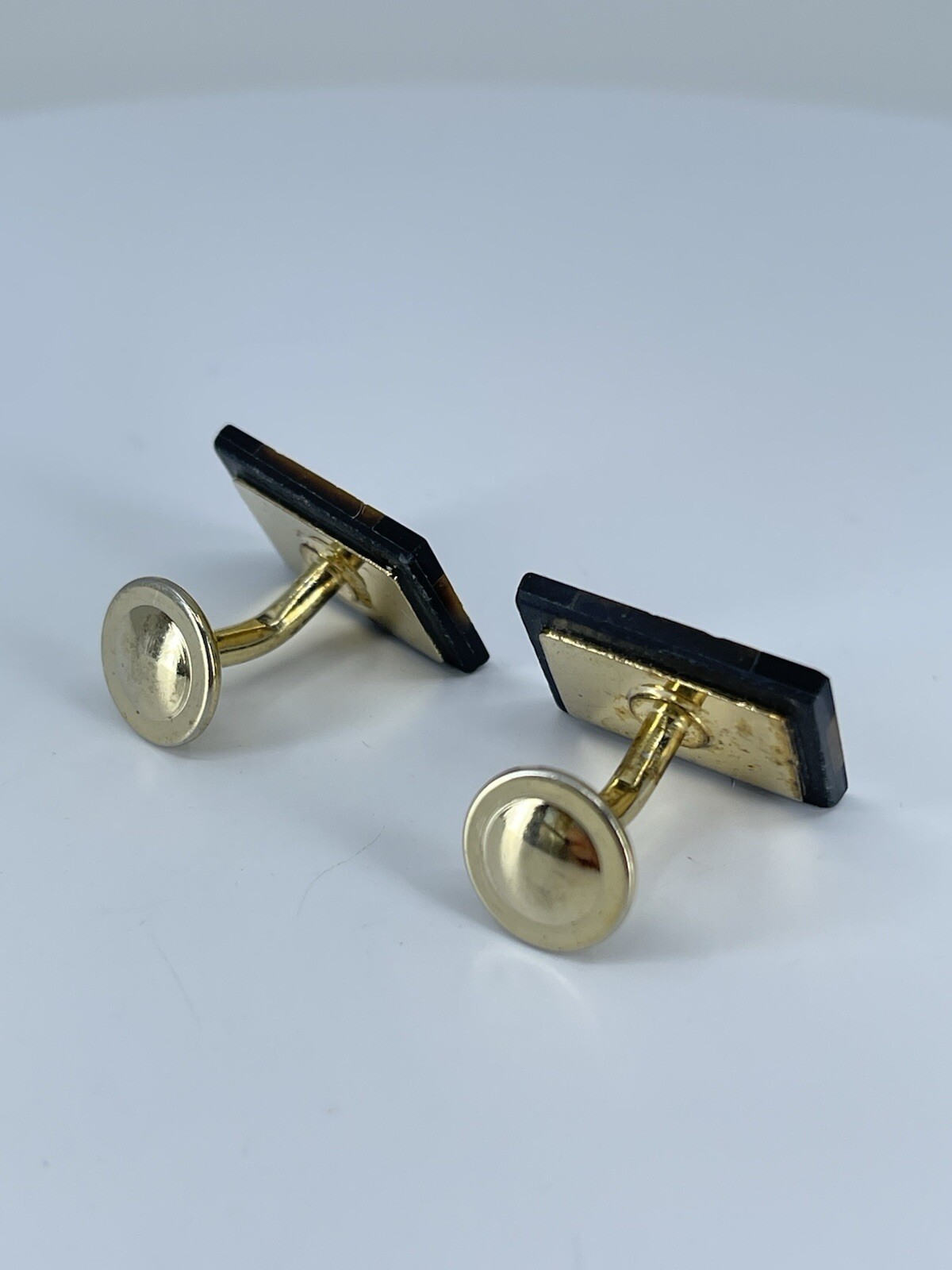 Vintage Onyx Lapis Tigers eye rectangle cufflinks polished gold tone fixed backs
