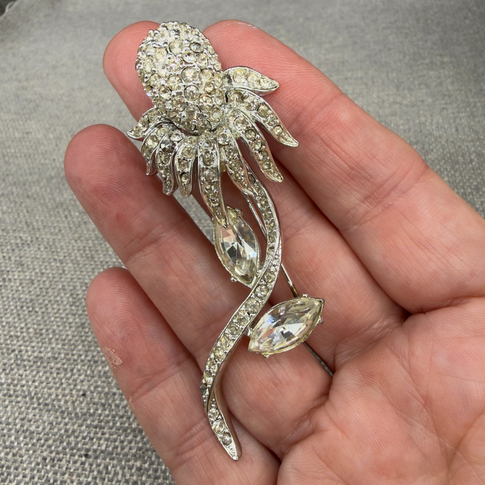Vintage Ledo Polcini Brooch Pave Coneflower Clear Rhinestones 3 Inches Signed
